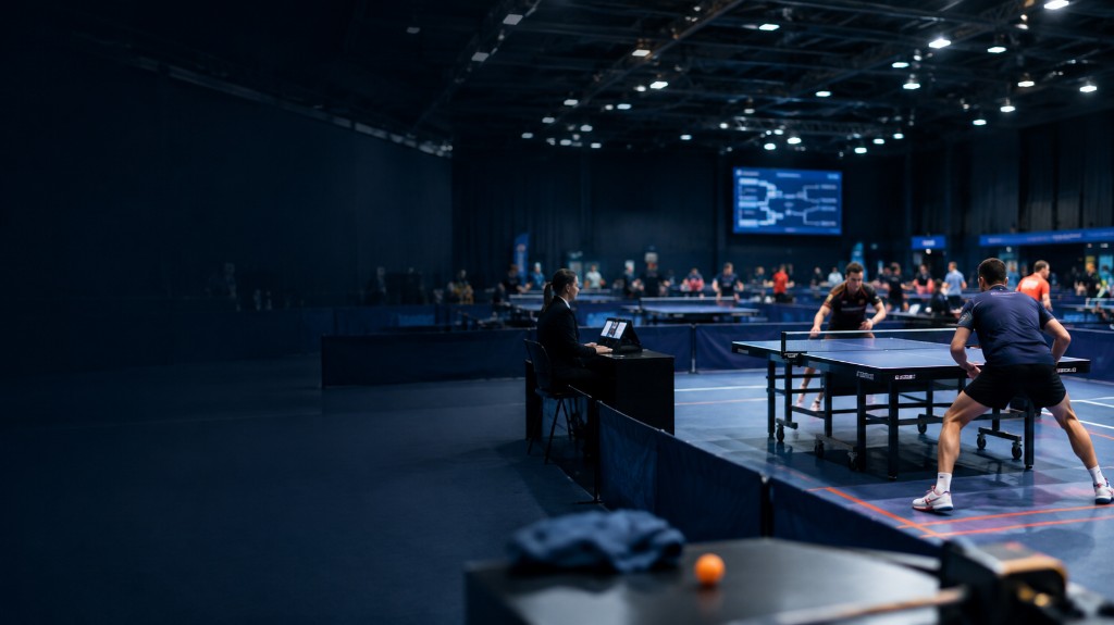 Tischtennis-Turnierhalle mit laufenden Matches, Schiedsrichterplatz und Anzeigetafel